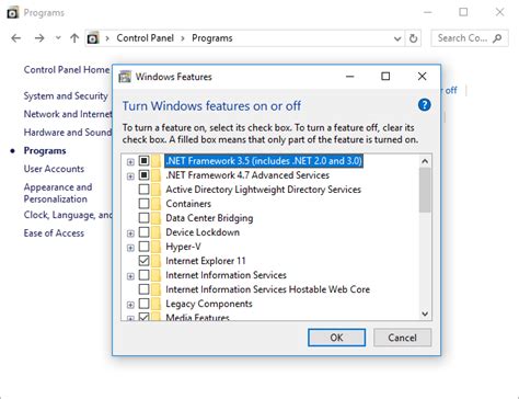 Activer net framework windows 10